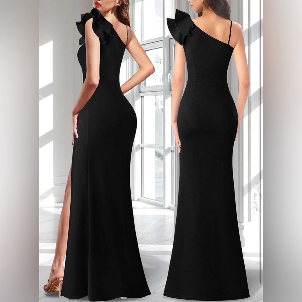 VFSHOW Ruffle One Shoulder Strap Ruched Formal V Neck Elegant Split Long Gown